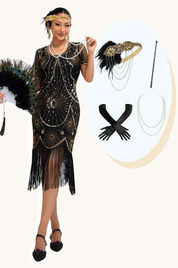 Preto Golden Scoop Neck Fringed Vestido de lantejoulas 1920s com conjunto de acessórios de 4 peças